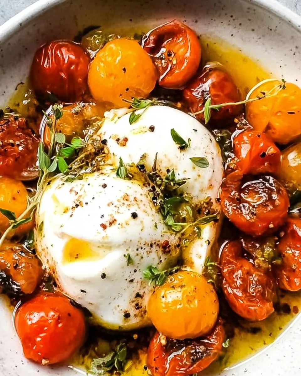 Oven Roasted Tomatoes and Burrata with Hot Honey on Serving Tray