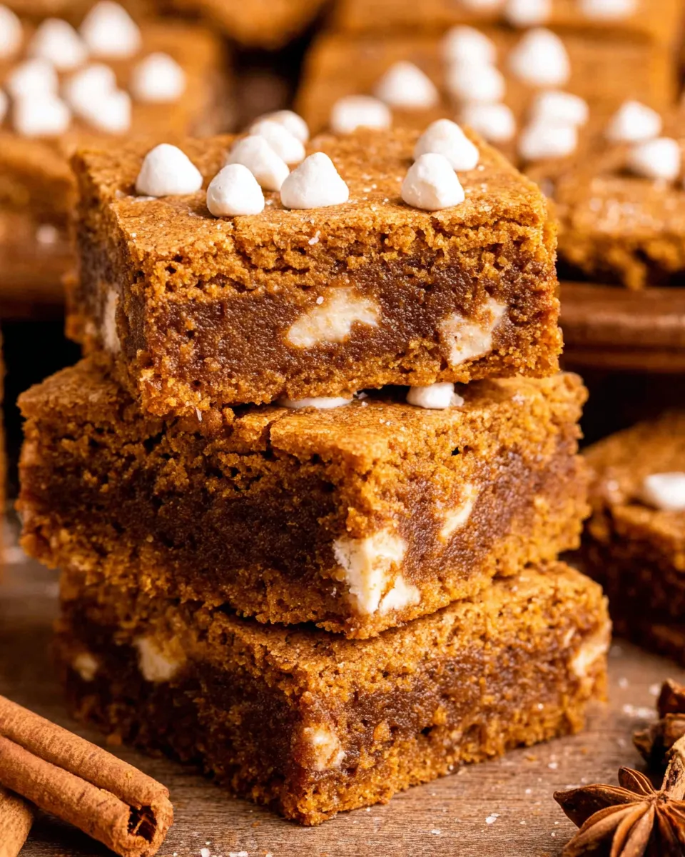 Chewy Pumpkin Blondies with warm fall spices, sliced into squares on a parchment-lined tray.