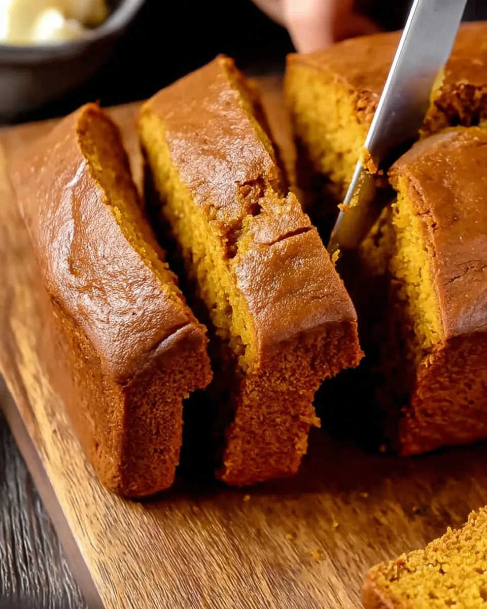 Easy pumpkin bread recipe loaf sliced on rustic board