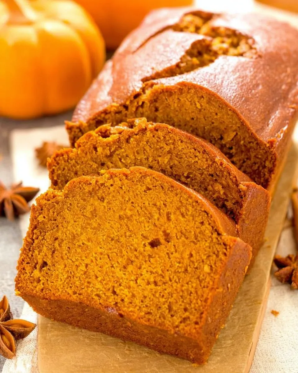 Sliced pumpkin bread on a wooden cutting board