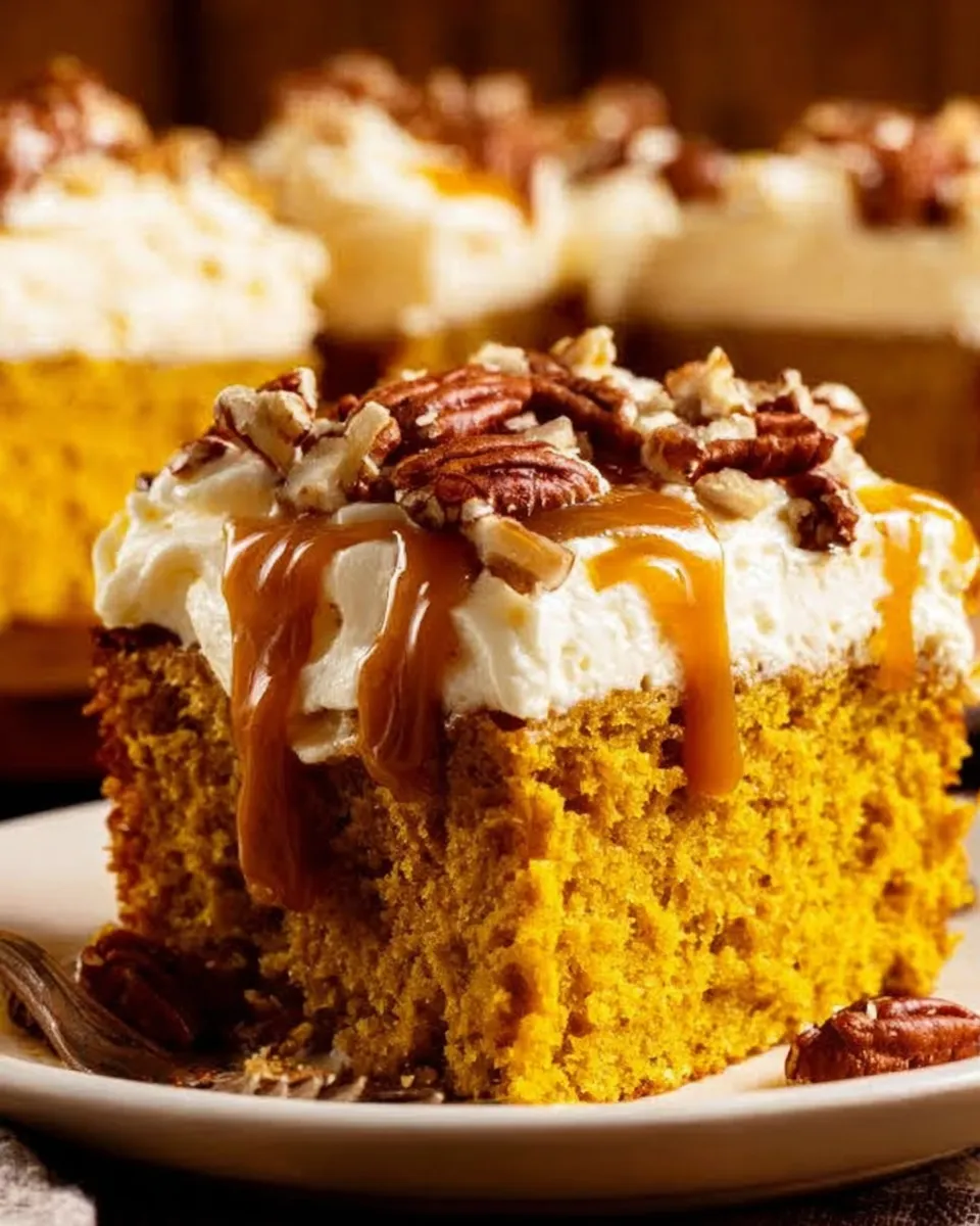 Moist Pumpkin Cake with Cream Cheese Frosting topped with maple syrup and pecans
