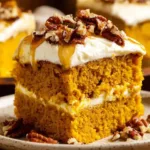 Pumpkin cake with cream cheese frosting sliced on a plate
