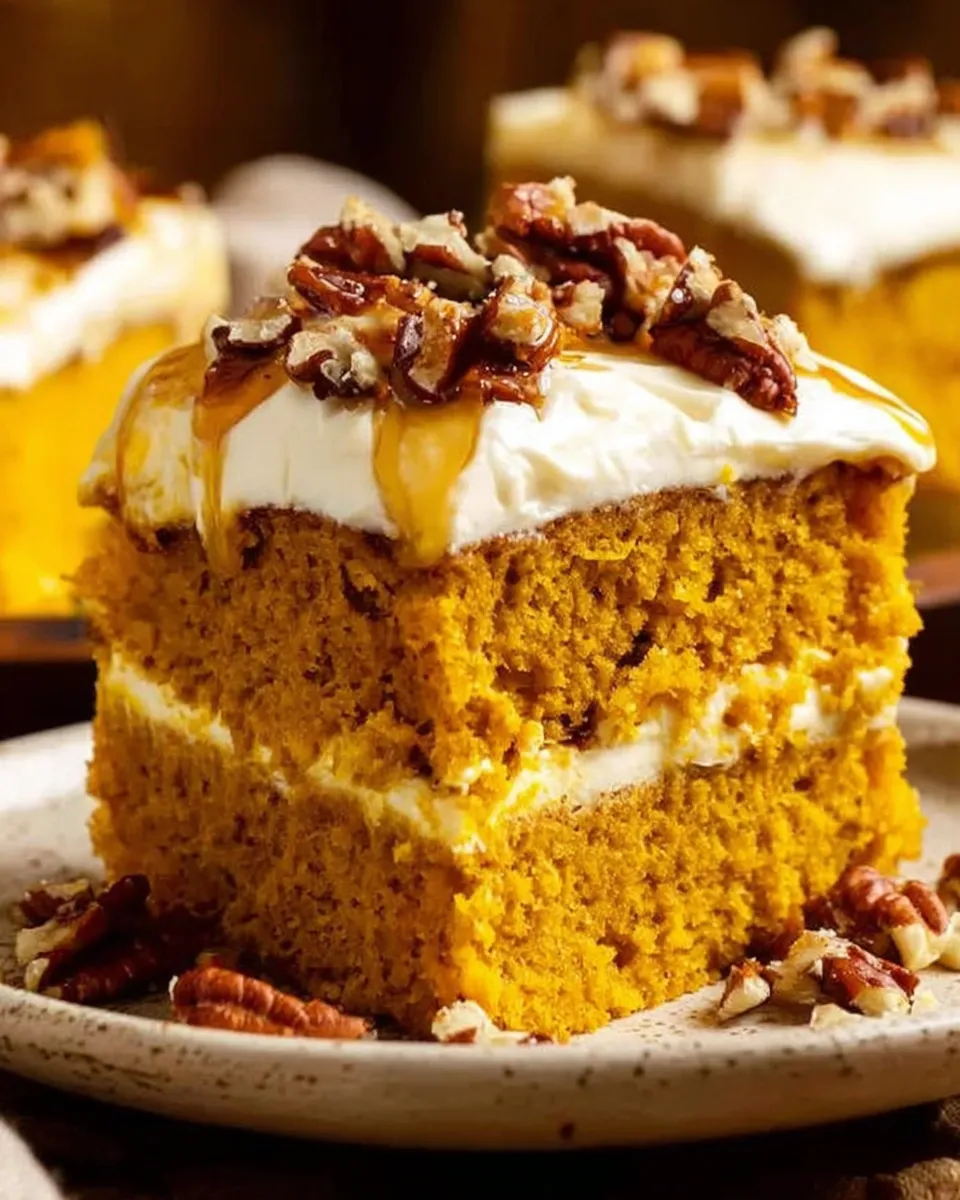Pumpkin cake with cream cheese frosting sliced on a plate