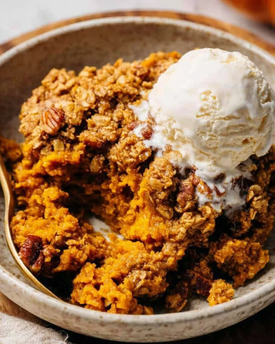 Pumpkin Crisp baked in cast iron skillet on autumn table