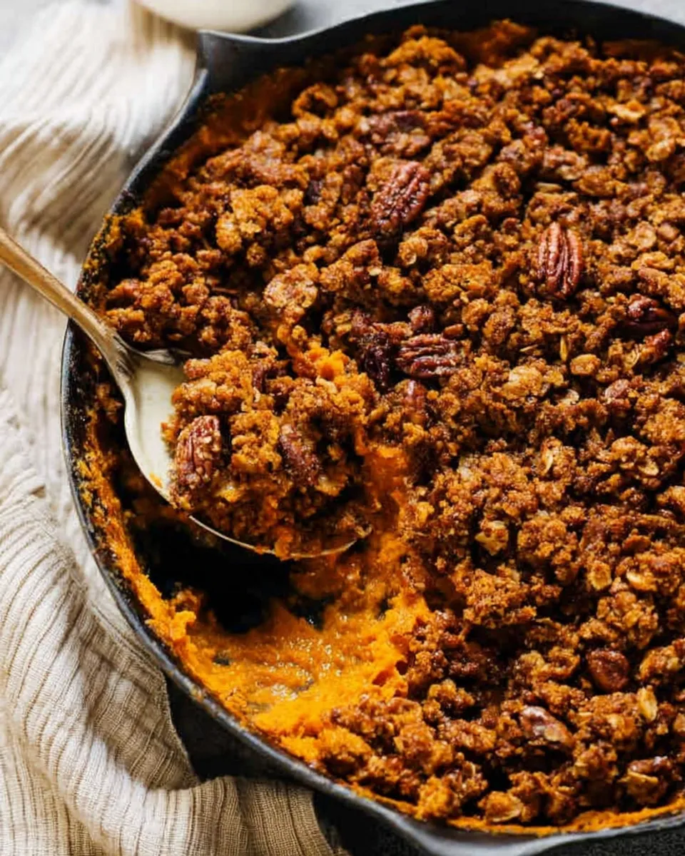 Warm pumpkin crisp with ice cream in a bowl