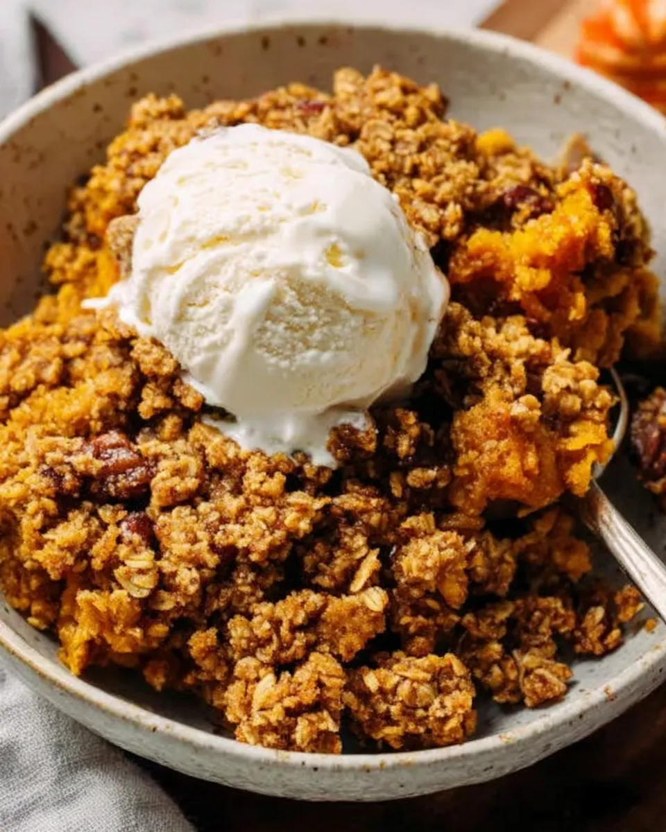 Homemade pumpkin crisp with oat streusel topping served in a baking dish