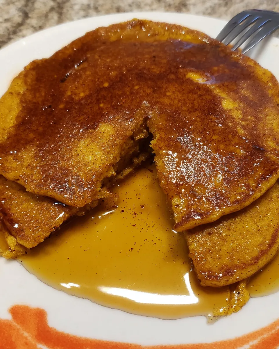 Pumpkin pancakes stacked with syrup and butter