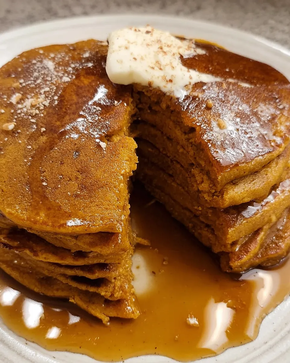 Stack of fluffy pumpkin pancakes topped with butter and maple syrup.