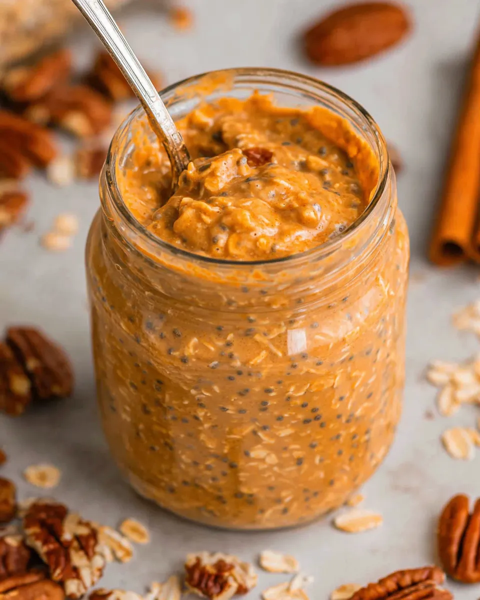 Pumpkin pie overnight oats served with cinnamon stick and pecans