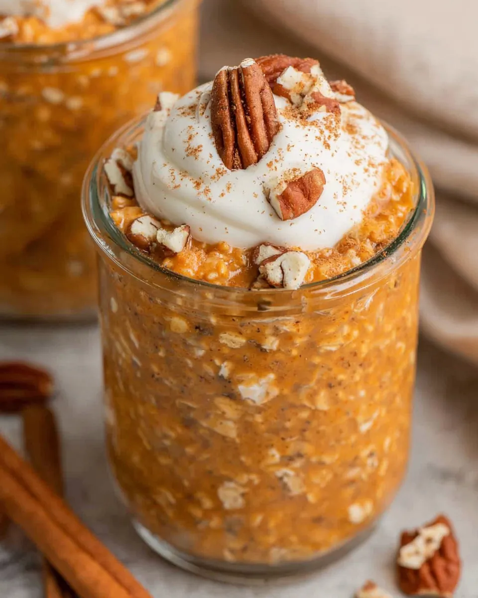 Pumpkin pie overnight oats in a mason jar with pecans