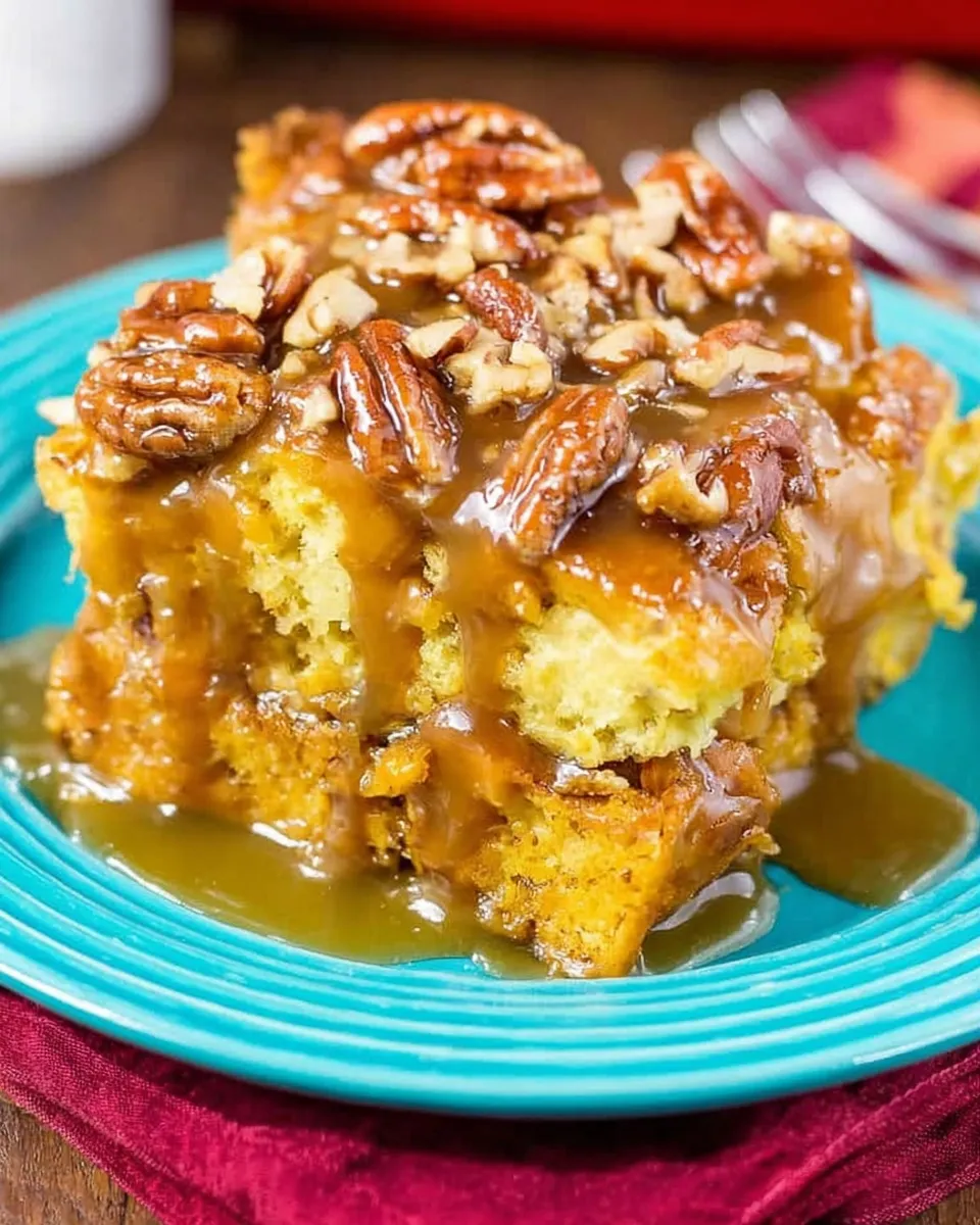 Pumpkin praline bread pudding served warm with caramel sauce.
