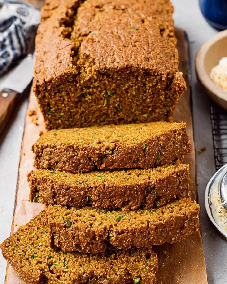 Pumpkin zucchini bread sliced on a wooden board