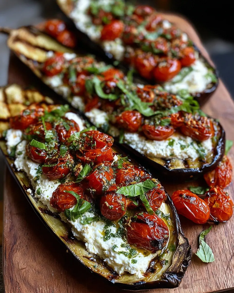 Roasted Eggplant Boats with Herbed Ricotta and Tomatoes on rustic wooden table.v