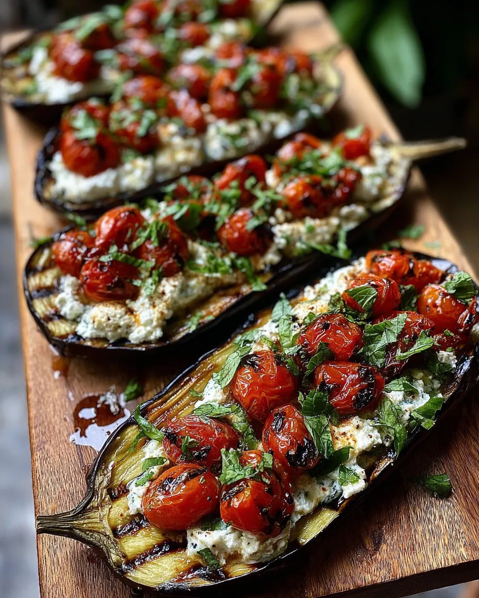 Roasted eggplant boats served with side salad and crusty bread.