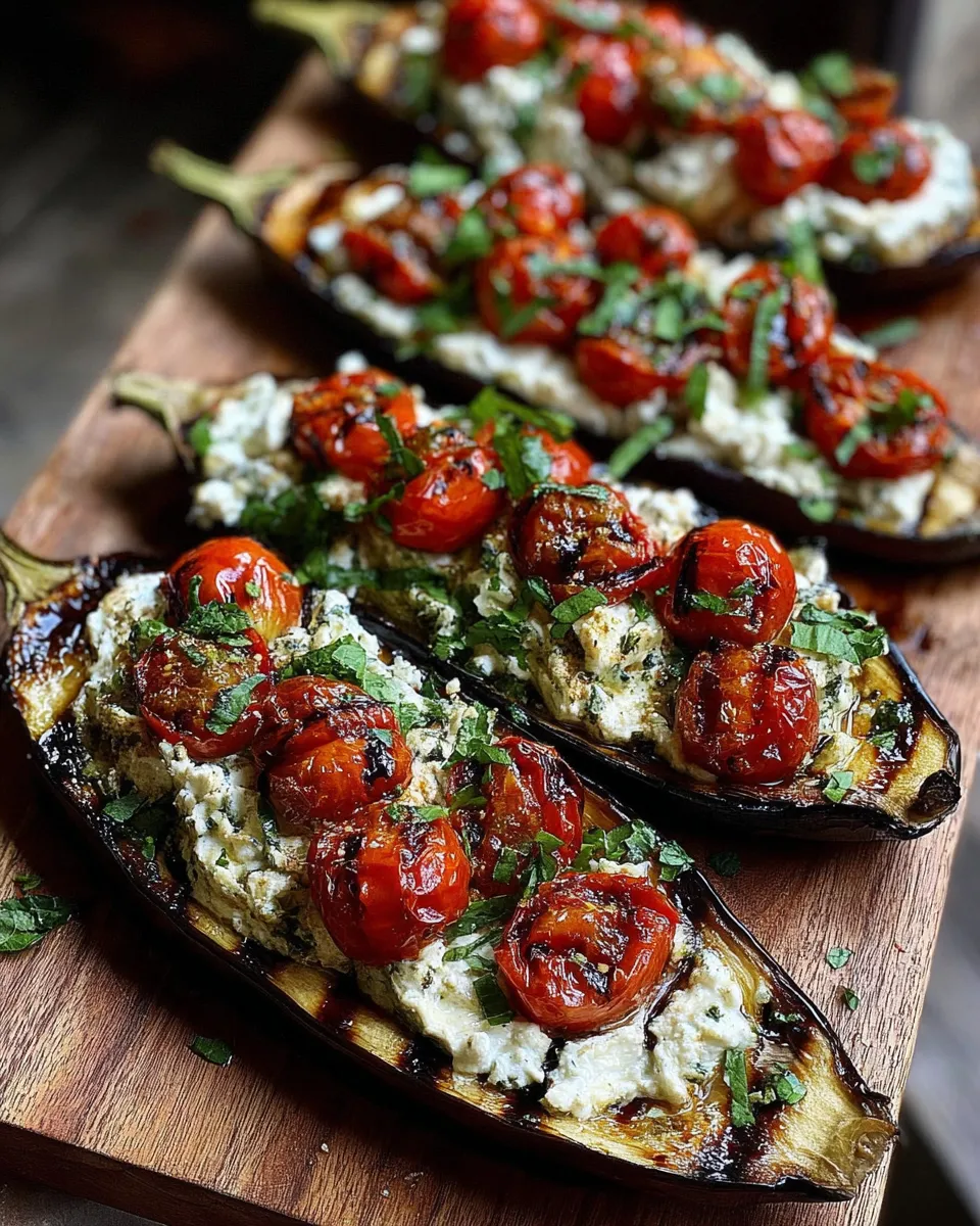 Roasted eggplant boats filled with herbed ricotta and fresh tomatoes