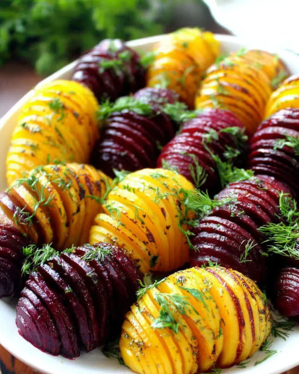 Serving roasted Hasselback beets with dill garnish