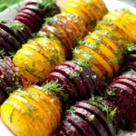 Roasted Hasselback beets drizzled with dill dressing on a plate
