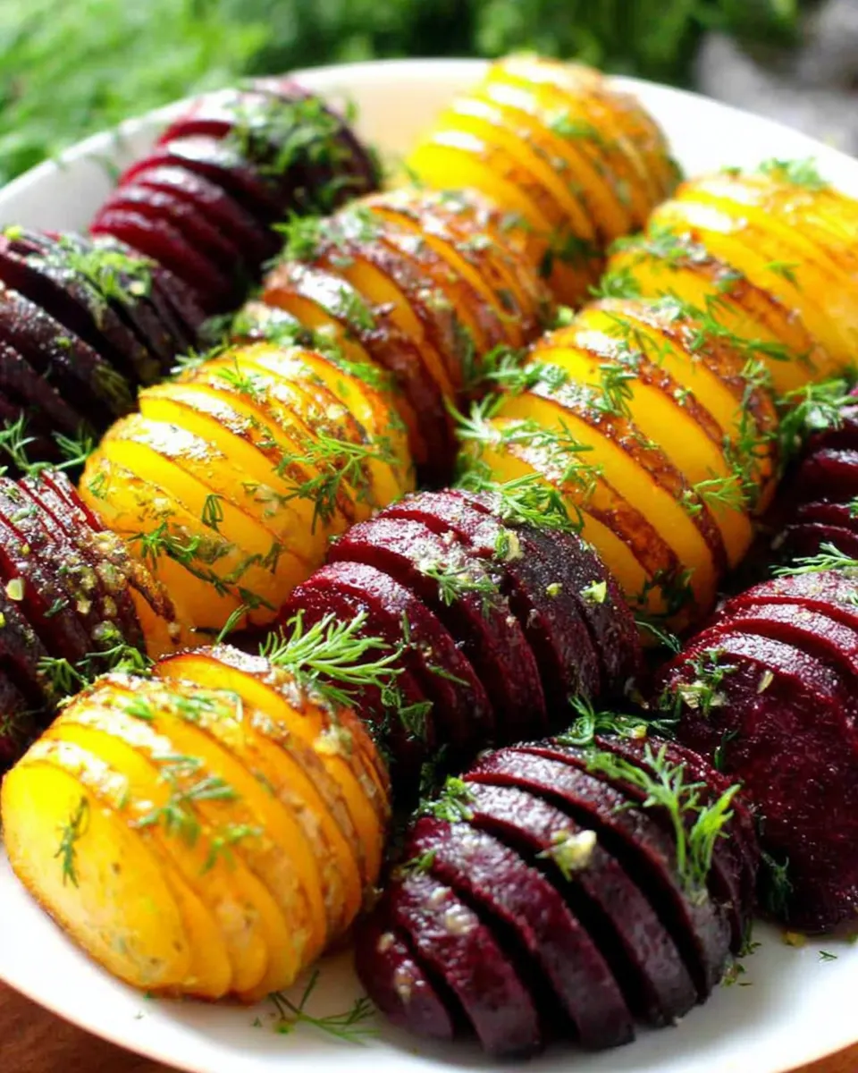 Roasted Hasselback beets drizzled with dill dressing on a plate