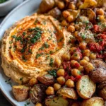 Roasted potatoes and chickpeas topped with red pepper whipped feta on a serving platter.