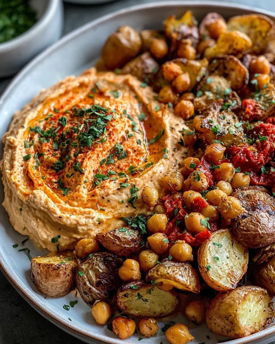 Roasted potatoes and chickpeas topped with red pepper whipped feta on a serving platter.
