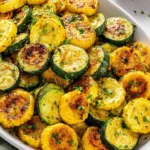 Roasted zucchini and squash slices on a baking sheet