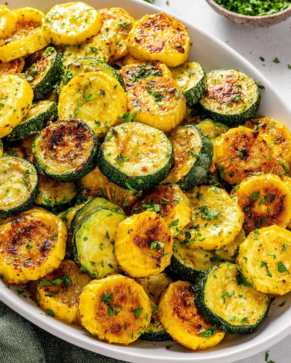 Roasted zucchini and squash slices on a baking sheet