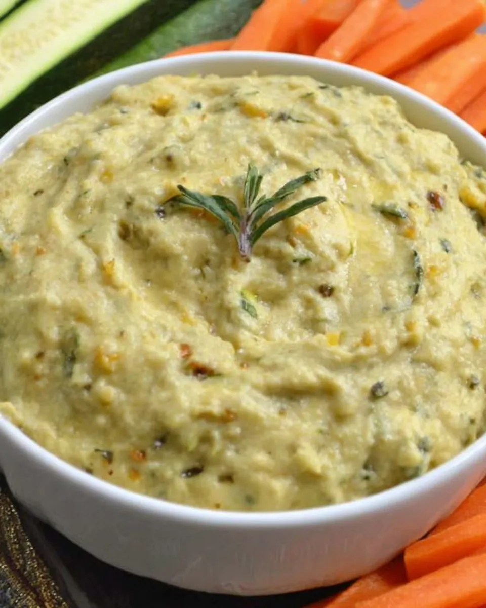 Creamy roasted zucchini hummus in bowl with paprika garnish