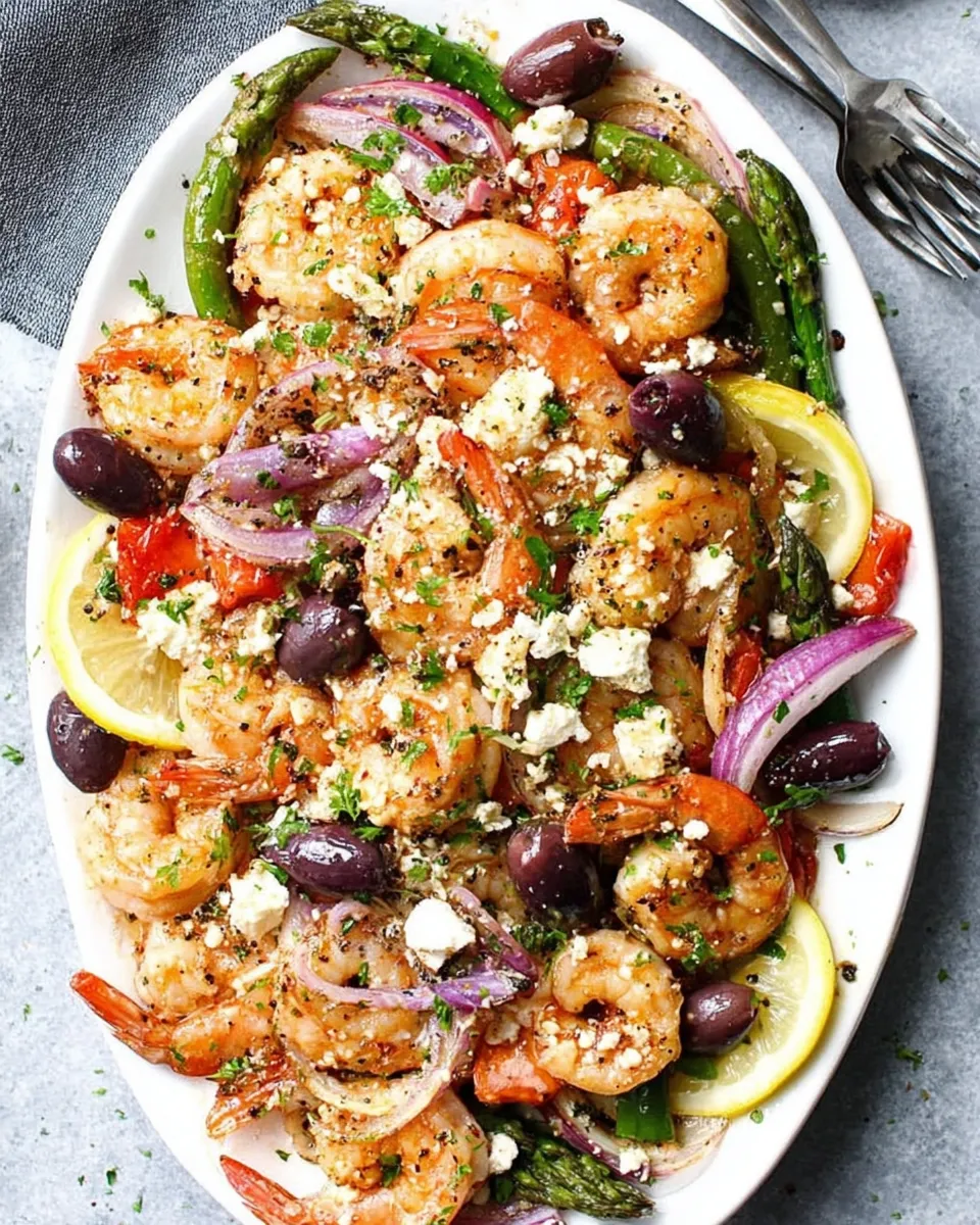 Plated Mediterranean shrimp with feta and orzo salad