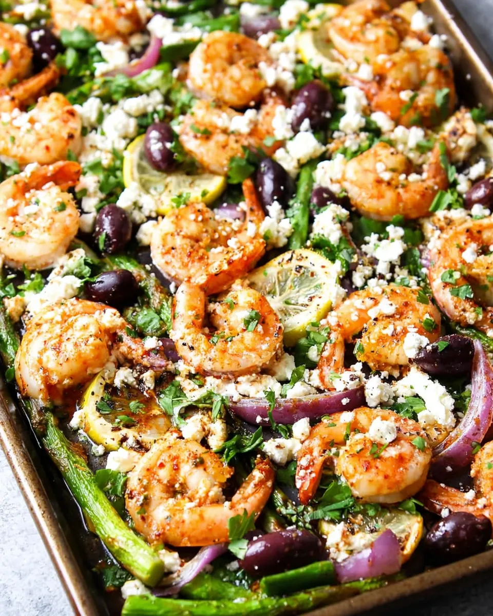 Sheet Pan Mediterranean Shrimp with roasted veggies, lemon slices, and fresh herbs on a baking tray.