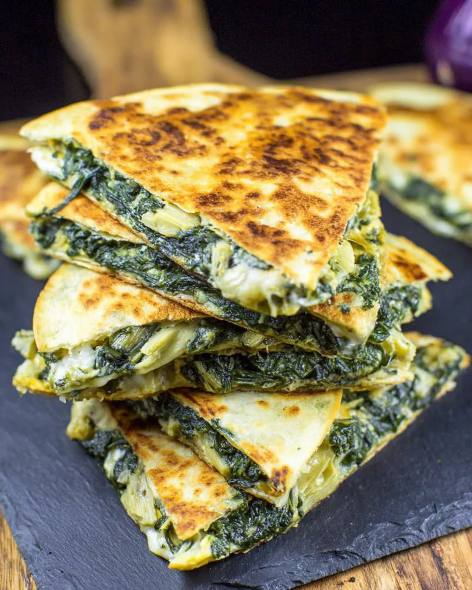 spinach and artichoke quesadillas on rustic plate