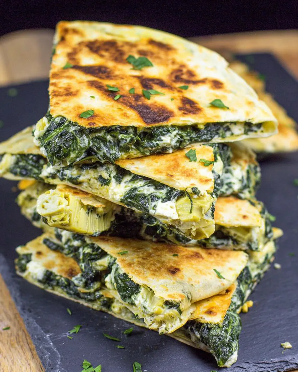 Crispy golden Spinach and Artichoke Quesadillas served with sour cream and salsa on a rustic plate.