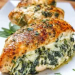 Spinach cream cheese stuffed chicken breast baked golden, sliced to reveal creamy filling.