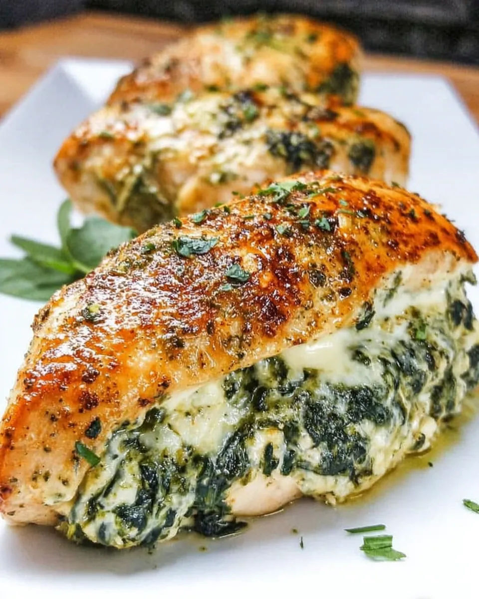 Spinach cream cheese stuffed chicken breast baked golden, sliced to reveal creamy filling.