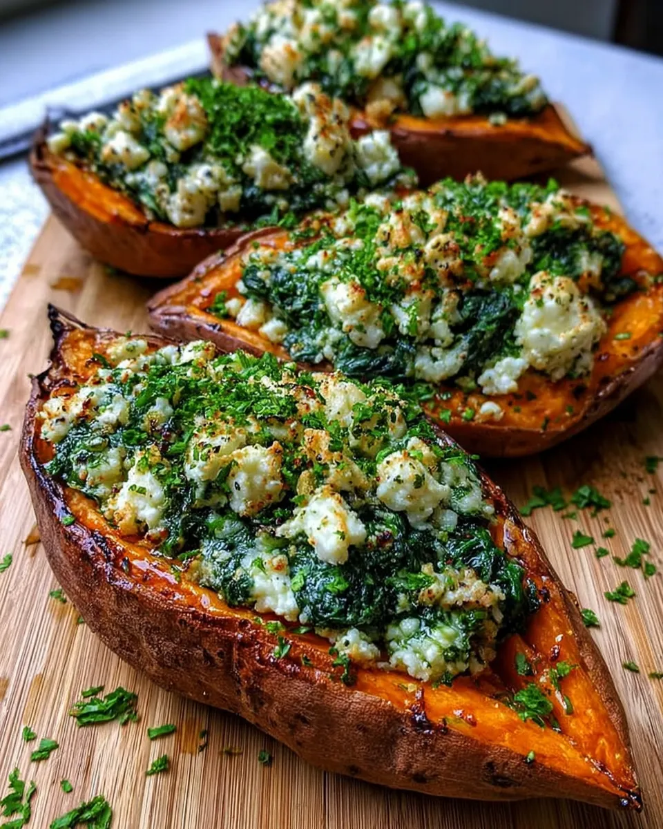 Spinach and Ricotta Stuffed Sweet Potatoes with Herb Drizzle served on a white plate.