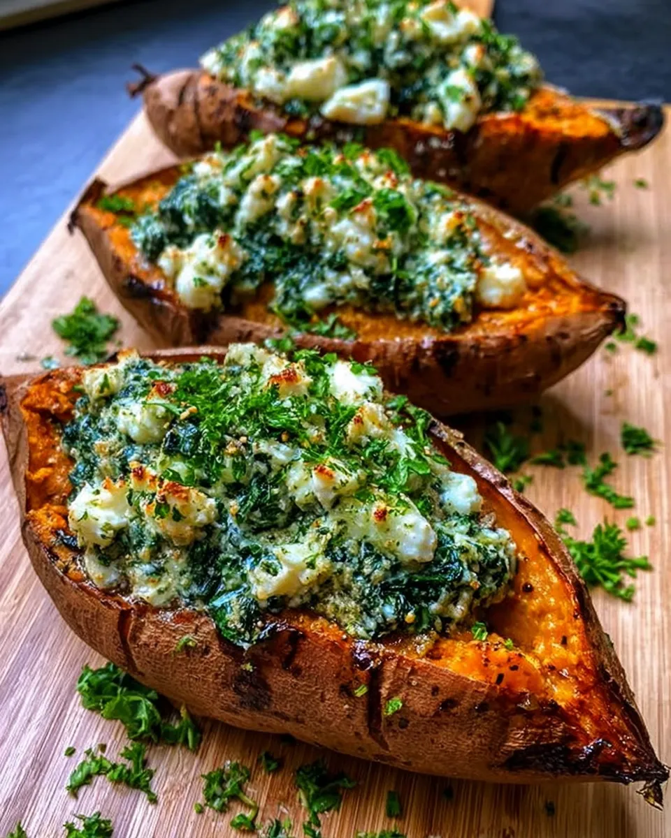 Plated spinach and ricotta stuffed sweet potato with herb drizzle.