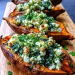 Spinach and ricotta stuffed sweet potatoes with herb drizzle