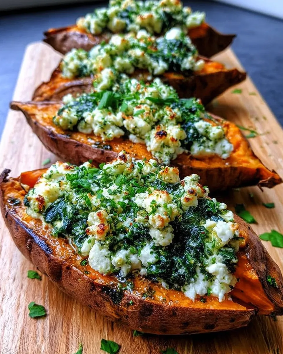 Spinach and ricotta stuffed sweet potatoes with herb drizzle