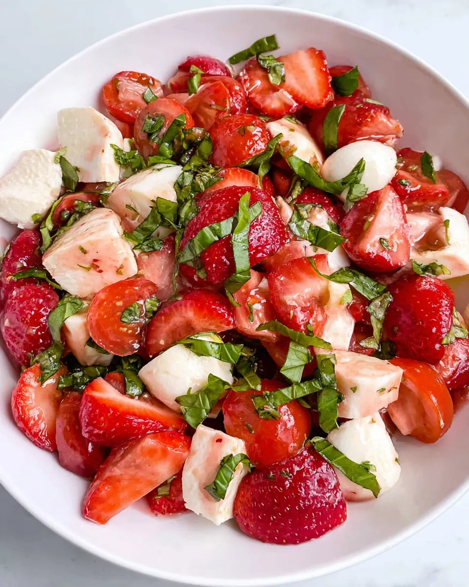  Strawberry Caprese Salad with Fresh Basil and Mozzarella on rustic plate