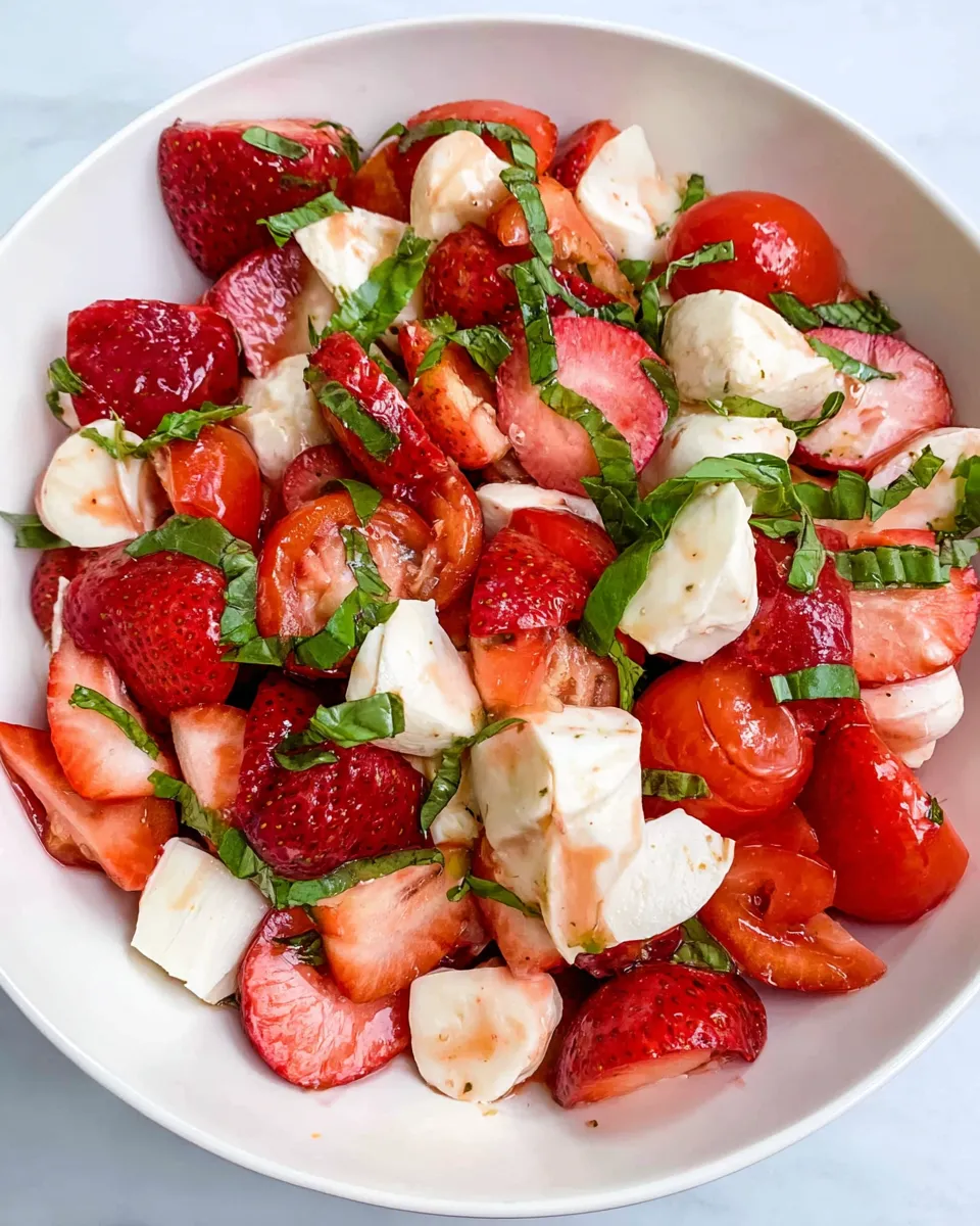  Serving Strawberry Caprese Salad with Fresh Basil and Mozzarella for summer meal