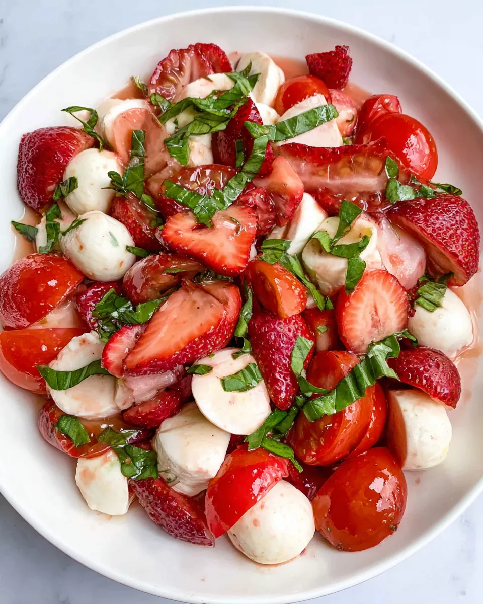 Strawberry caprese salad with basil and mozzarella on a white plate