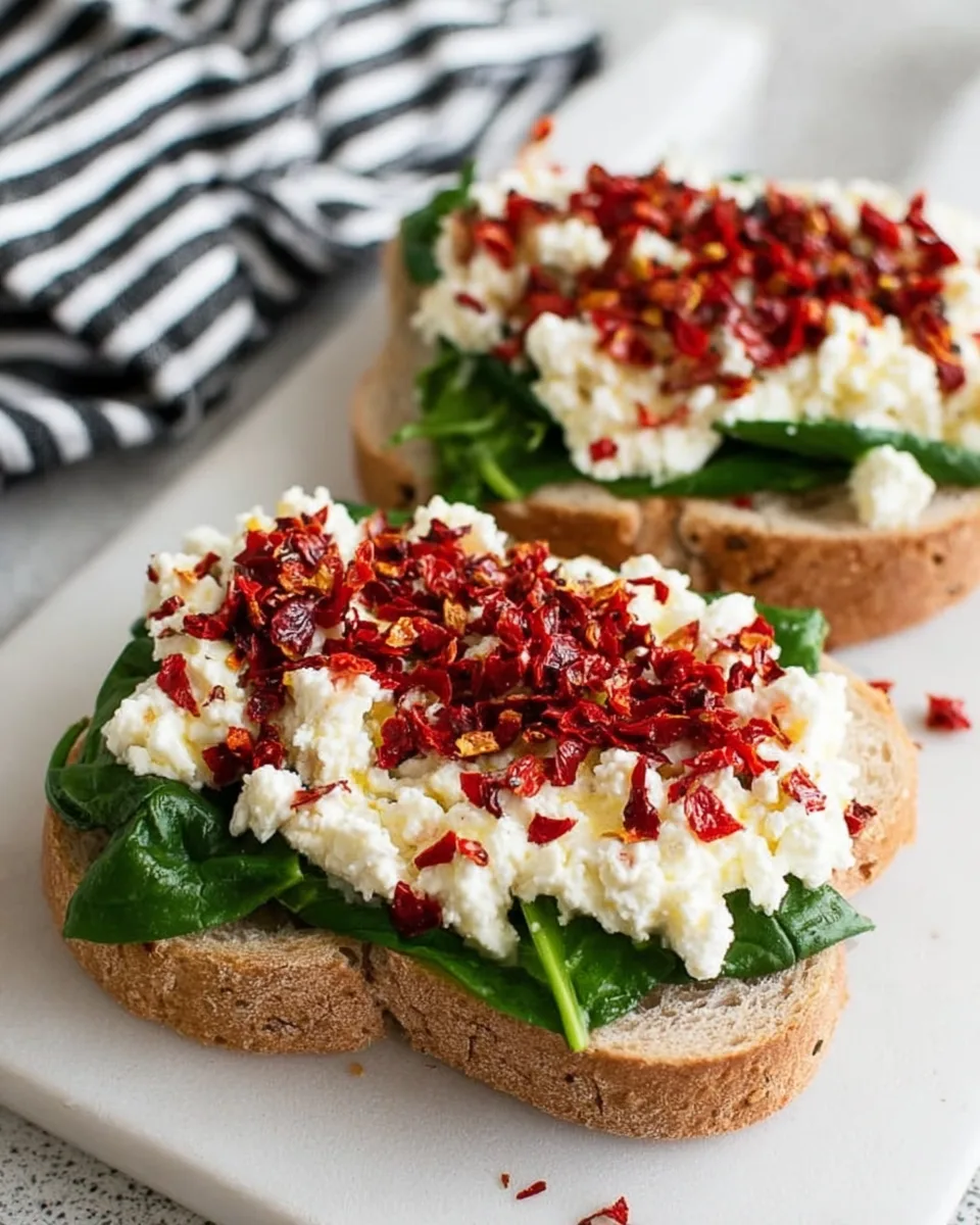 Close-Up of Sun-Dried Tomato, Spinach, and Ricotta Grilled Cheese Assembly