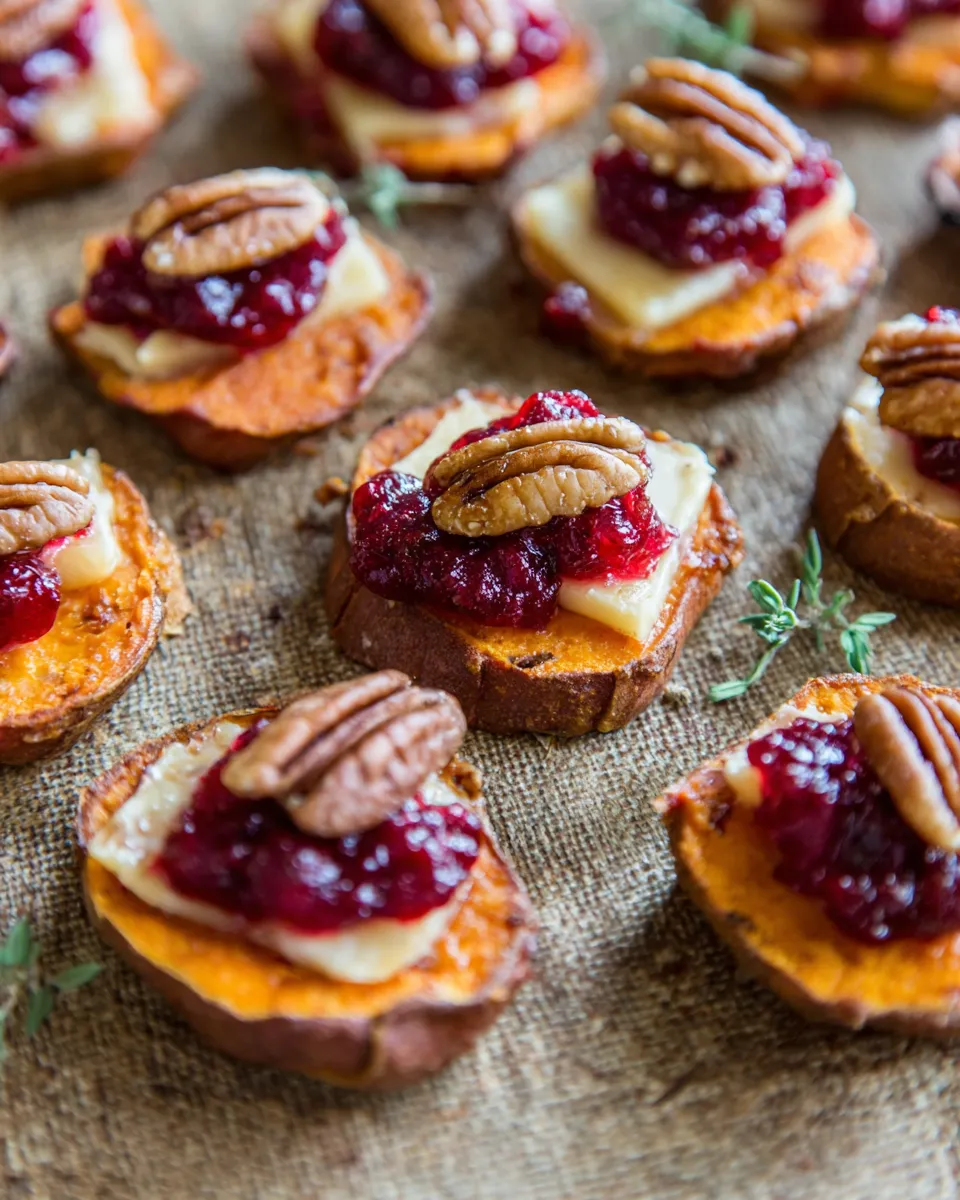 sweet potato rounds with brie, cranberry and pecans