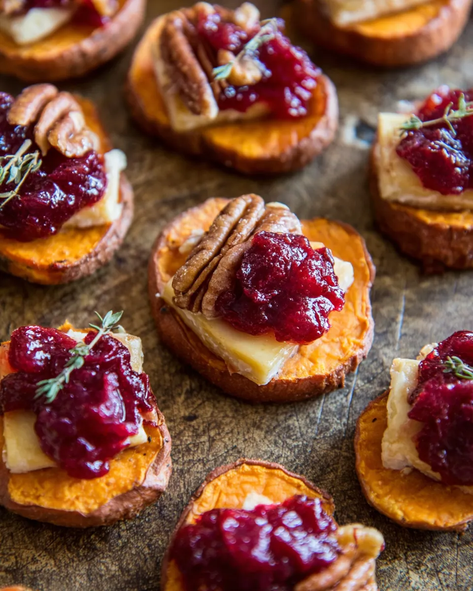 Sweet potato rounds topped with brie, cranberries, and pecans, served as a festive holiday appetizer.