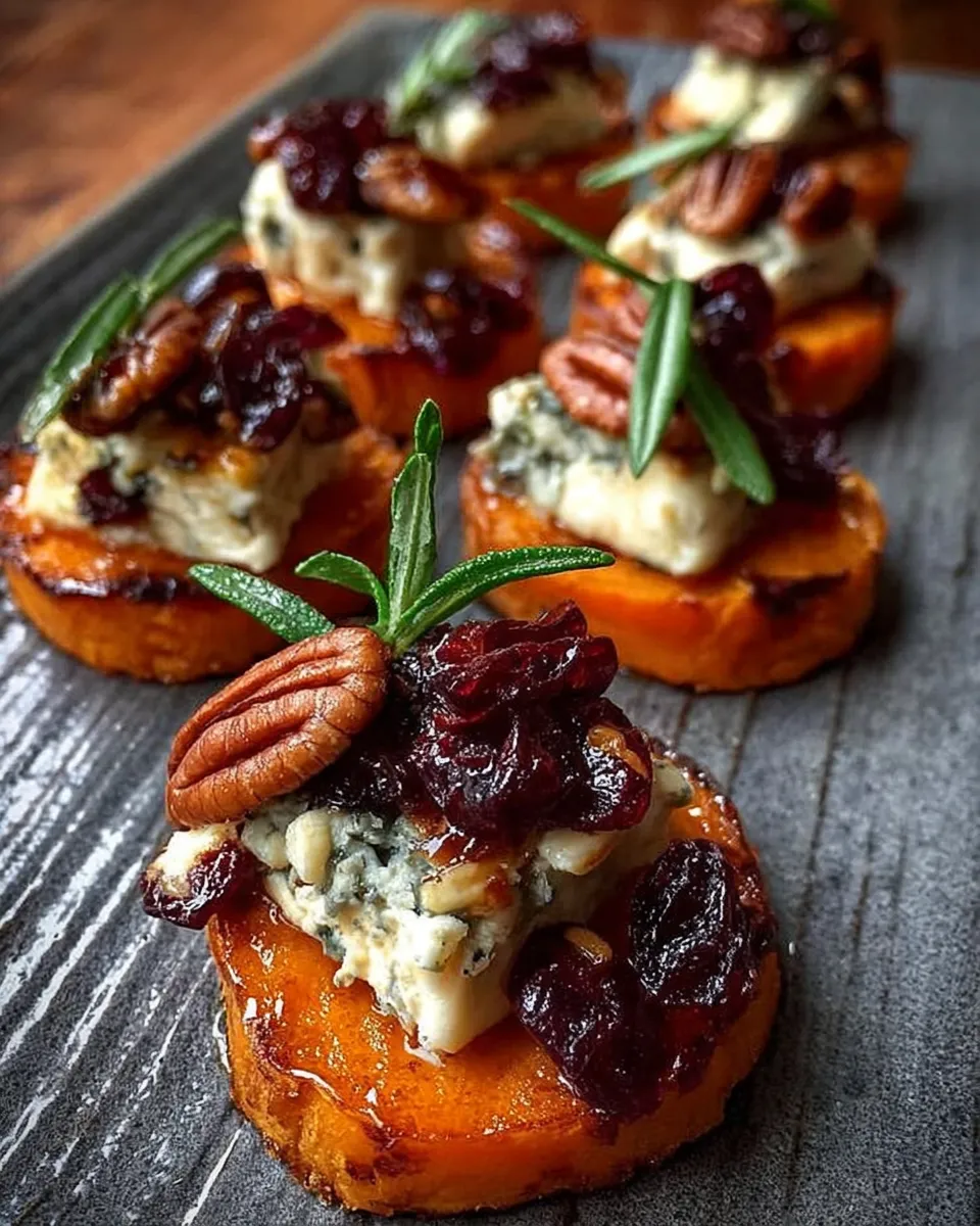 Sweet Potato Rounds with Blue Cheese, Cranberry and Pecans holiday appetizer