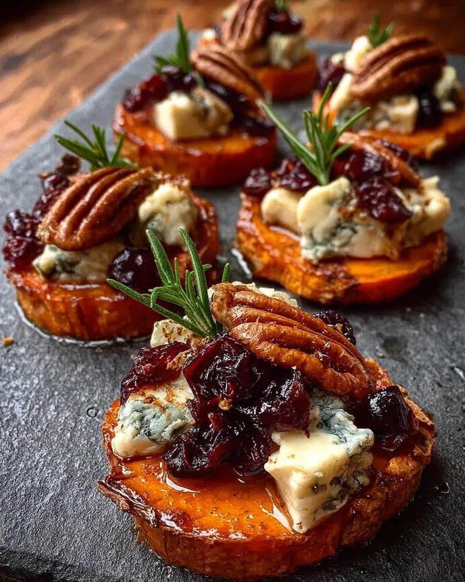 Sweet Potato Rounds with Blue Cheese, Cranberry and Pecans served for holidays