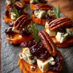 Sweet potato rounds with blue cheese, cranberries, and pecans served on a platter.