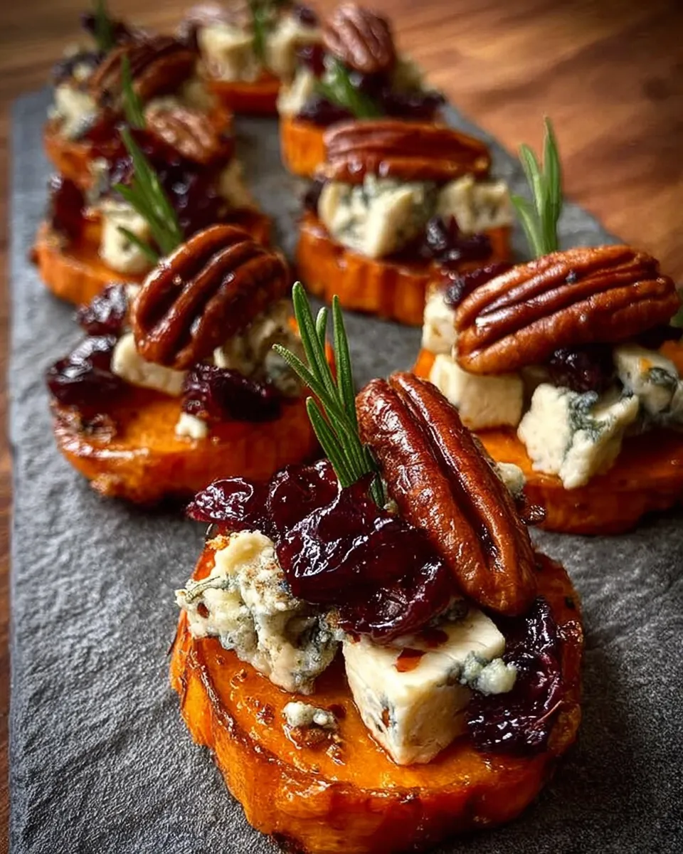 Sweet potato rounds with blue cheese, cranberries, and pecans served on a platter.