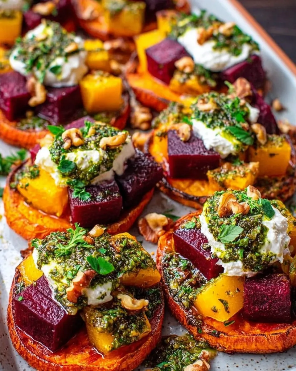 Serving sweet potato rounds with burrata and dressing