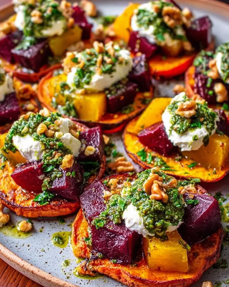 Sweet potato rounds topped with burrata, roasted beets, and mint yogurt drizzle on a serving platter.