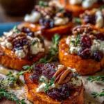 Sweet potato rounds topped with feta, cranberries, and pecans on a serving platter.